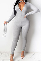 Gray Ribber Letter Embroidery Long Sleeve Zipper Slim Fitting Bodycon Jumpsuits QZ6115-9