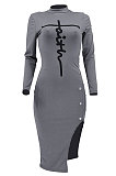 Gray Autumn Bodycon Sexy Split Irregular Spliced Midi Dress HZF57813-1