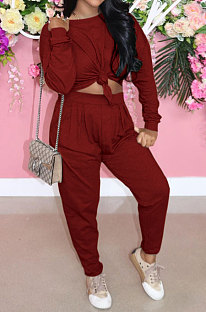 Wine Red Casual Loose Long Sleeve T-Shirt Ruffle Pants Solid Color Sets TRS1160-2