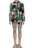 Purple Green Women Single-Breasted Casual Digital Printing Long Sleeve Shirts Shorts Two-Pieces YZ7044-1