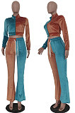 Purple Yellow Wolesale Women Velvet Contrast Color Spliced Long Sleeve Zipper Hoodie Flare Pants Sets TRS1178-1