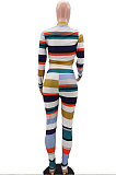 Blue Autumn Winter Stripe Ribber Print Long Sleeve Zipper Top Pencil Pants Sets TK6138-2
