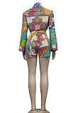 Purple Green Women Single-Breasted Casual Digital Printing Long Sleeve Shirts Shorts Two-Pieces YZ7044-1