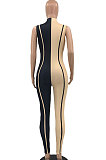 Black Euramerican Women Tight Sleeveless Spliced Zipper Low Waist Bodycon Jumpsuits JR3649-1