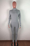 Gray Ribber Letter Embroidery Long Sleeve Zipper Slim Fitting Bodycon Jumpsuits QZ6115-9