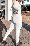 White Ribber Letter Embroidery Long Sleeve Zipper Slim Fitting Bodycon Jumpsuits QZ6115-1
