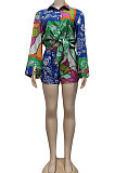 Green Women Single-Breasted Casual Digital Printing Long Sleeve Shirts Shorts Two-Pieces YZ7049