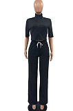 Khaki Women Casual Solid Color Tops Turn-Down Collar Pants Sets JR3652-3