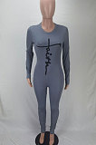 Gray Women Ribber Solid Color Long Sleeve Round Collar Bodycon Jumpsuits MLD5058-1
