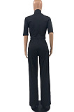 Black Women Casual Solid Color Tops Turn-Down Collar Pants Sets JR3652-1