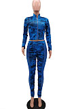 Blue Wholesale Print Long Sleeve Zip Front Mesh Spliced Ruffle Hip Pants Sport Sets TK6139-3