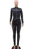 Black Wholesale Print Long Sleeve Zip Front Mesh Spliced Ruffle Hip Pants Sport Sets TK6139-4