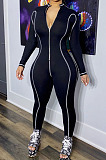 Gray Women Skinny Tight Long Sleeve Zipper Bodycon Jumpsuits JR3644-2