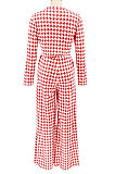 Red Euramerican Autumn Winter Women Plaid Printing Long Sleeve Round Collar Loose Pants Sets KZ2139-2