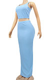 Light Blue Euramerican Sexy Women Sleeveless Solid Color Tank Tight At Home Casual Skirts Sets KZ152-1