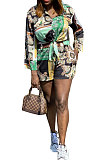 Black Women Single-Breasted Casual Digital Printing Long Sleeve Shirts Shorts Two-Pieces YZ7044-2