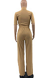 Black Women Casual Solid Color Tops Turn-Down Collar Pants Sets JR3652-1
