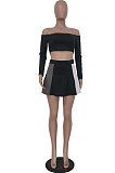 Black Wholesale A Word Shoulder Long Sleeve Crop Top Spliced Ruffle Pleated Skirts TRS1175-1