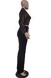 Black Coffee Wolesale Women Velvet Contrast Color Spliced Long Sleeve Zipper Hoodie Flare Pants Sets TRS1178-2