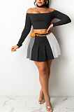 Orange Wholesale A Word Shoulder Long Sleeve Crop Top Spliced Ruffle Pleated Skirts TRS1175-5