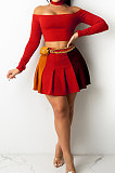 Coffee Wholesale A Word Shoulder Long Sleeve Crop Top Spliced Ruffle Pleated Skirts TRS1175-4