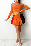 Red Wholesale A Word Shoulder Long Sleeve Crop Top Spliced Ruffle Pleated Skirts TRS1175-3