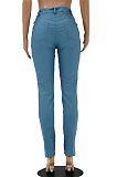 Light  Blue Print Spliced Mid Waist Jean Shift Pants LSZ9058-1