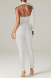 White Euramerican Women Sexy Trendy One Shoulder Pure Color Backless Bodycon Jumpsuits QMX1010-1