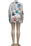 Multicolor Handprint Women Trendy Casual Printing Long Sleeve Turn-Down Collar Cardigan Single-Breasted Shirts YZ7062