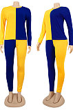 Gray Blue Euramerican Sexy Women Autumn Spliced Color Block Long Sleeve Long Pants Sets KZ158-3