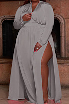 Gray Women Long Sleeve Loose V Collar Mid Waist Pure Color Split Plus Long Dress JR3655-4