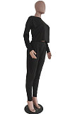 Black Casual Loose Long Sleeve T-Shirt Ruffle Pants Solid Color Sets TRS1160-4