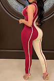 Red Euramerican Women Tight Sleeveless Spliced Zipper Low Waist Bodycon Jumpsuits JR3649-2