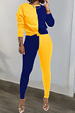 Gray Yellow Euramerican Sexy Women Autumn Spliced Color Block Long Sleeve Long Pants Sets KZ158-8