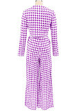Purple Euramerican Autumn Winter Women Plaid Printing Long Sleeve Round Collar Loose Pants Sets KZ2139-3