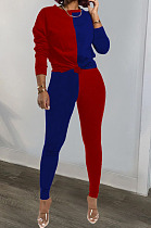 Red Blue Euramerican Sexy Women Autumn Spliced Color Block Long Sleeve Long Pants Sets KZ158-7