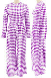 Purple Euramerican Autumn Winter Women Plaid Printing Long Sleeve Round Collar Loose Pants Sets KZ2139-3