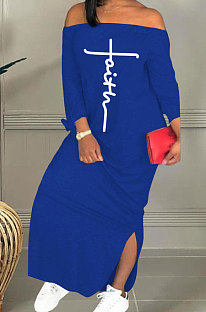 Blue Cute Pattern A Word Shoulder Long Sleeve Both Sides Split Dress BBN199-3