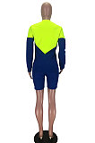  Blue Green Spliced Long Sleeve Round Neck Loose Top Shorts Two-Piece LMM8276-1
