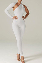 White Euramerican Women Sexy Trendy One Shoulder Pure Color Backless Bodycon Jumpsuits QMX1010-1