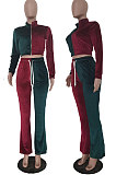 Drak Green Red Wolesale Women Velvet Contrast Color Spliced Long Sleeve Zipper Hoodie Flare Pants Sets TRS1178-4