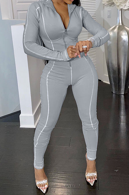 Gray Women Skinny Tight Long Sleeve Zipper Bodycon Jumpsuits JR3644-2