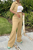 Green Women Casual Solid Color Tops Turn-Down Collar Pants Sets JR3652-4