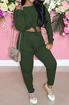 Army Green Casual Loose Long Sleeve T-Shirt Ruffle Pants Solid Color Sets TRS1160-1