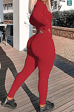 Orange Ribber Letter Embroidery Long Sleeve Zipper Slim Fitting Bodycon Jumpsuits QZ6115-4