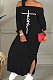 Black Cute Pattern A Word Shoulder Long Sleeve Both Sides Split Dress BBN199-2