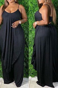Black Sexy Pure Color Condole Belt Irregularity Top Wide Leg Pants Sets QZ7003-1