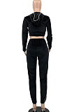 Black Euramerican Women Casual Solid Color Long Sleeve Hooded Zipper Crop Bodycon Pants Sets MLM9077-1