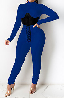 Dark Blue Euramerican Women Solid Color Spliced Tight Sexy Tied Bandage Zipper Pants Sets HZF57801-3