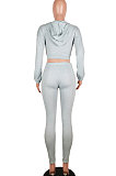Gray Euramerican Women Solid Color Zipper Long Sleeve Hooded Dew Chest Bodycon Pants Sets SMY81113-1